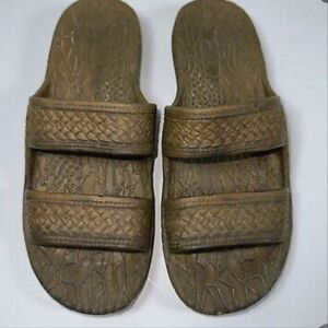 Pali Hawaii Sandals Womens Size 8 Brown Rubber Faux Wood Slides Gorpcore